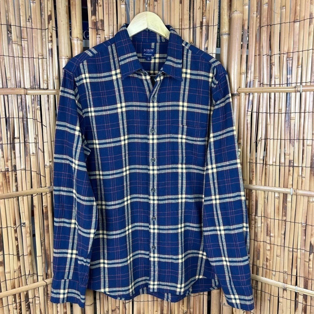 J Crew Flannel Re-Imagined Mens Large Shirt LS Button Blue Yellow Plaid‎ Preppy